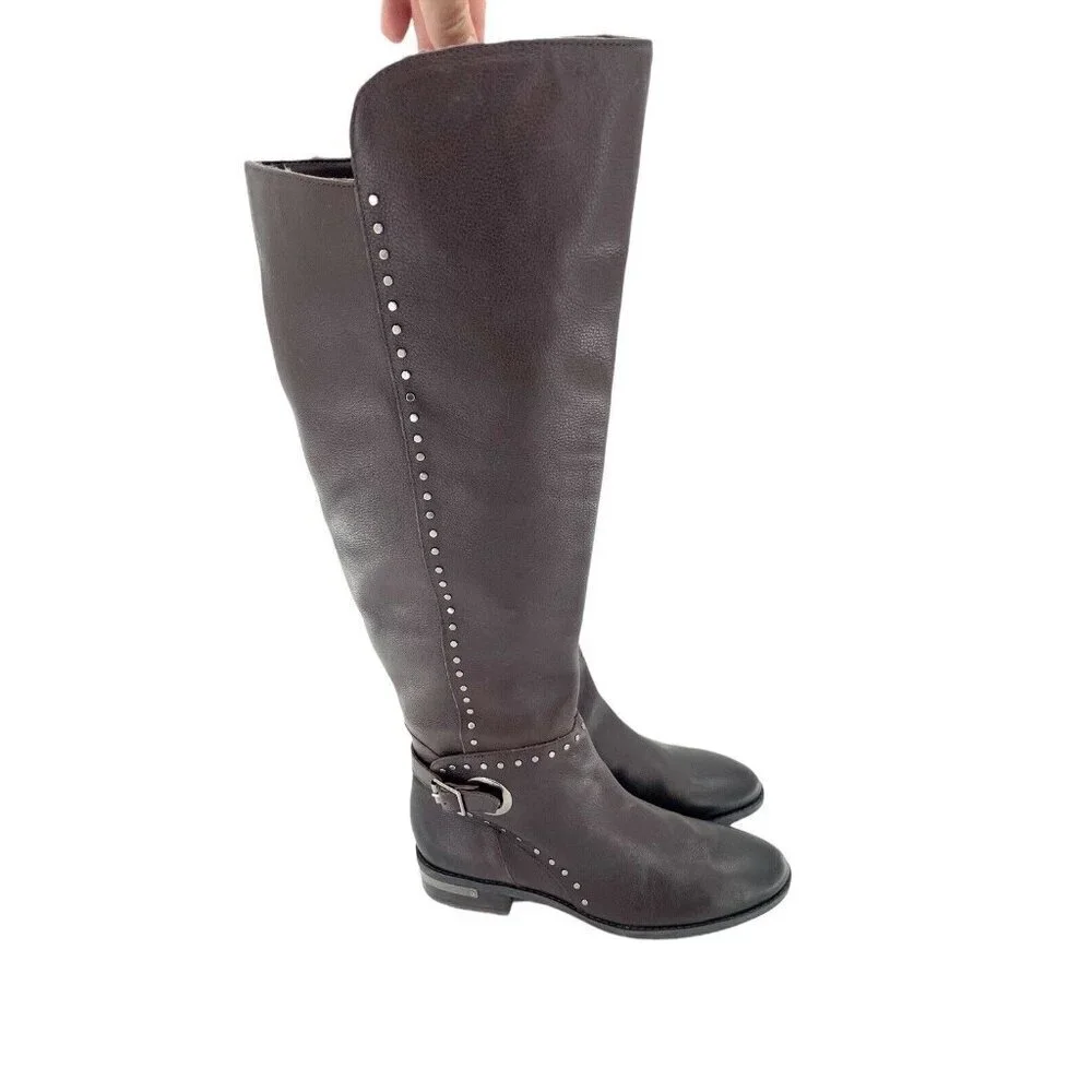 Vince Camuto Poppidal Boots Studded Brown Leather Tall Riding Boot SZ 6 New